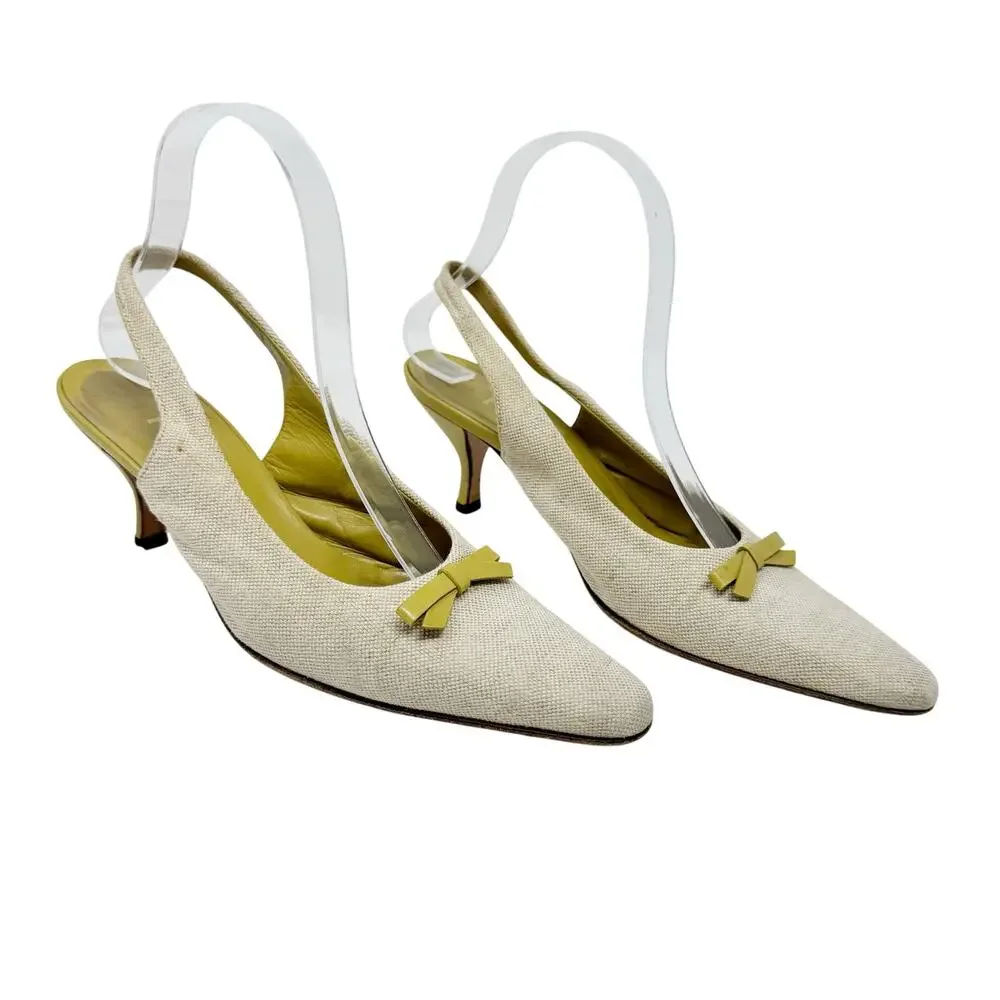 Prada Slingback Heels Canvas Bow Beige Chartreuse Green Pointed Toe 36.5 - Picture 1 of 6